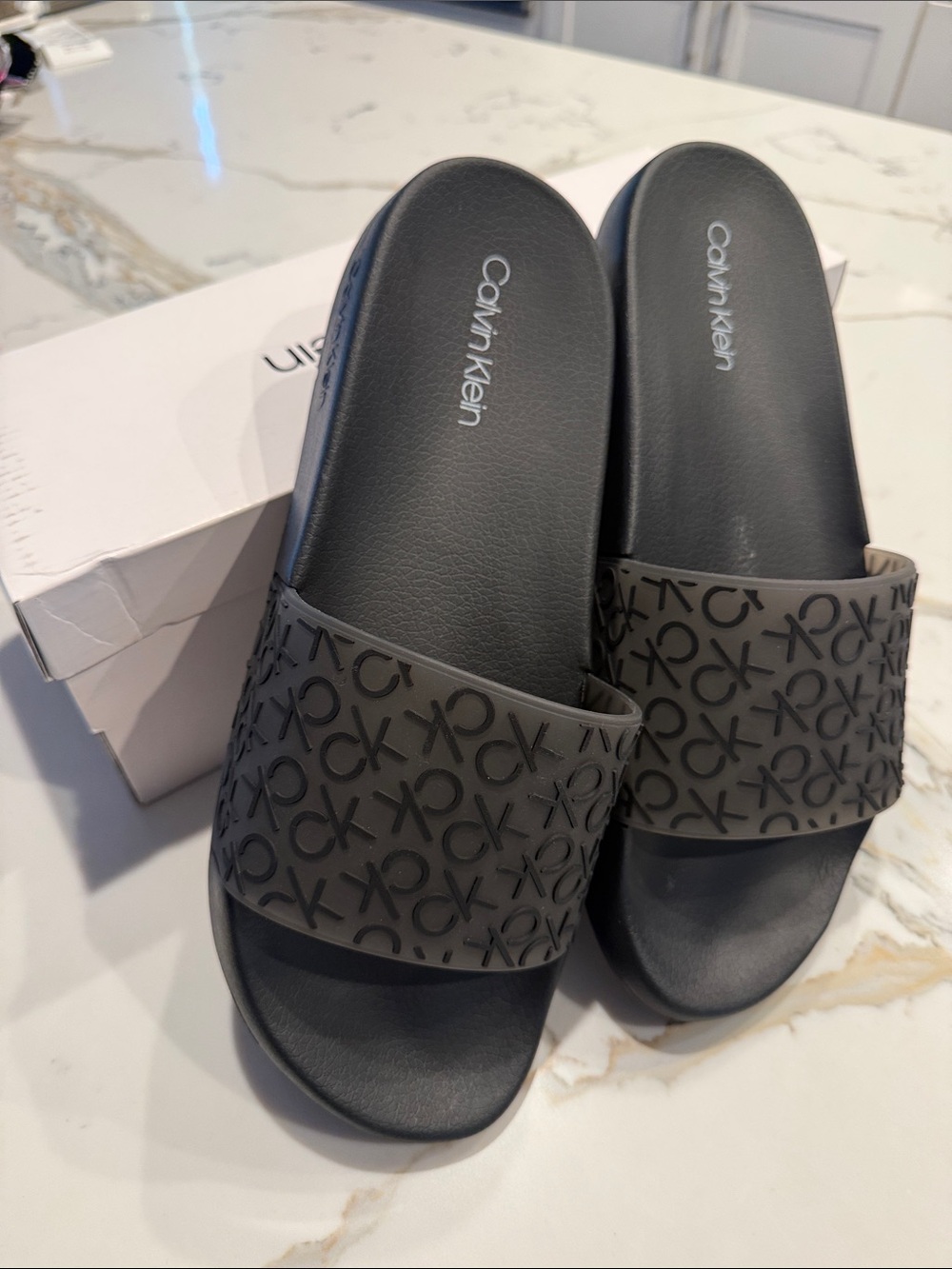 Calvin Klein Gray Embossed Logo Slide Sandals